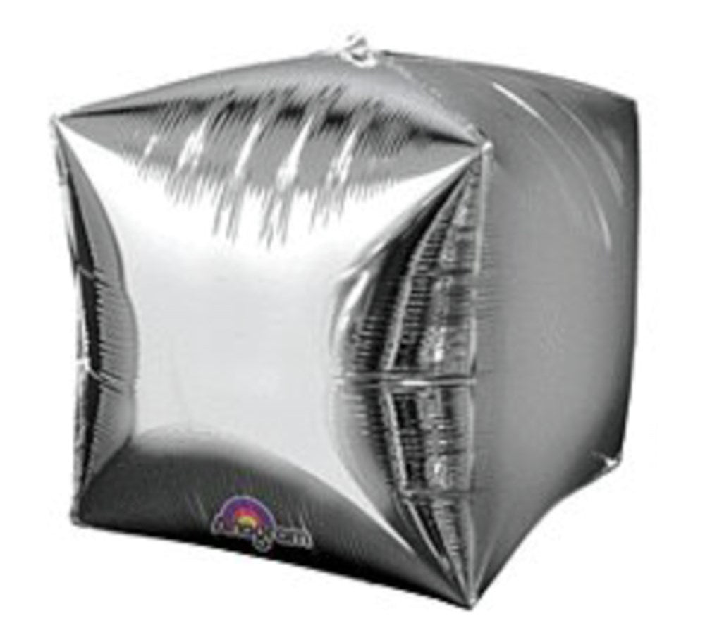 Silver metallic foil balloon shaped like a 15-inch cube with smooth, reflective surface.
