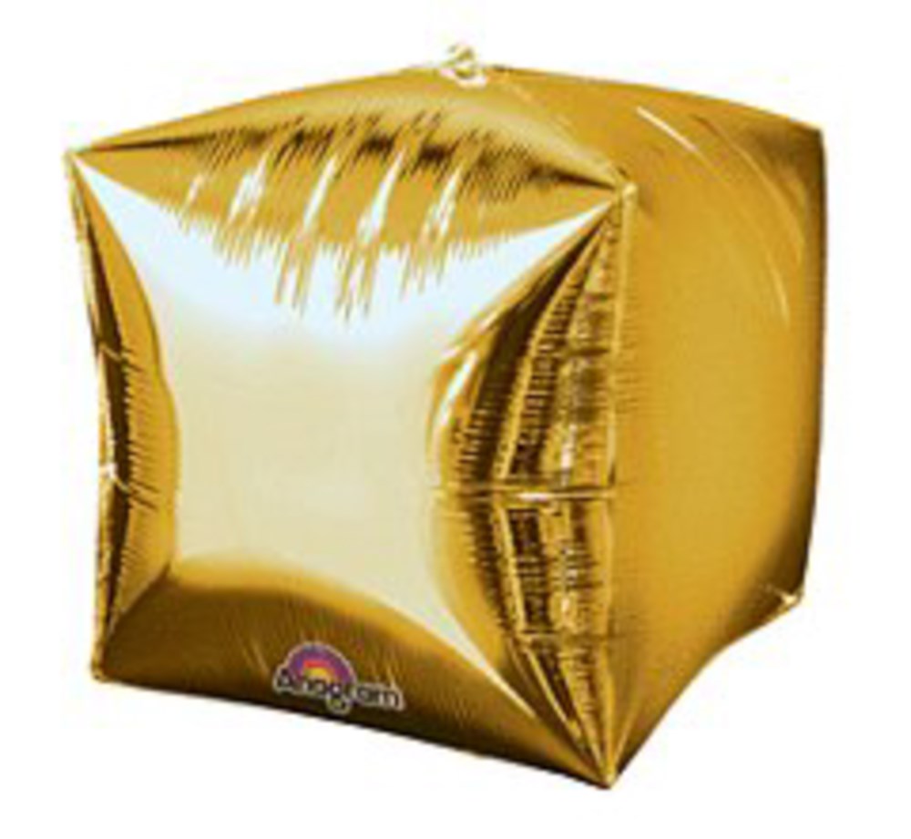 Shiny metallic gold foil balloon shaped as a 15-inch cube with a smooth reflective surface.