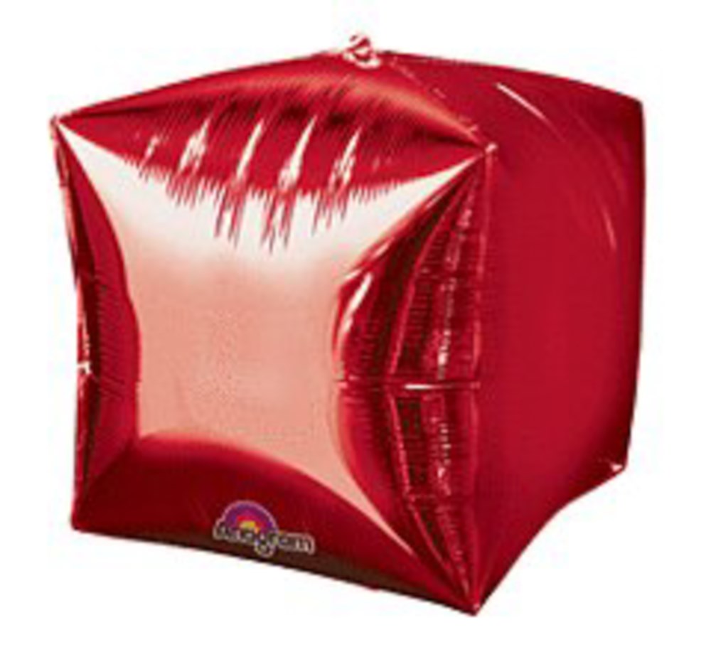 Shiny red foil balloon shaped like a 15-inch cube with smooth reflective surface.