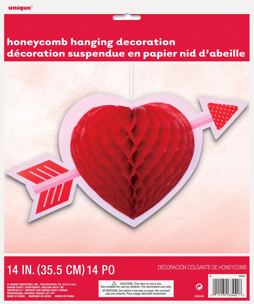 Red honeycomb paper decoration shaped like a heart with an attached white and red arrow, measuring 14 inches wide.