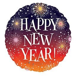 Round foil balloon with gradient night sky background, fireworks, and "Happy New Year!" text.