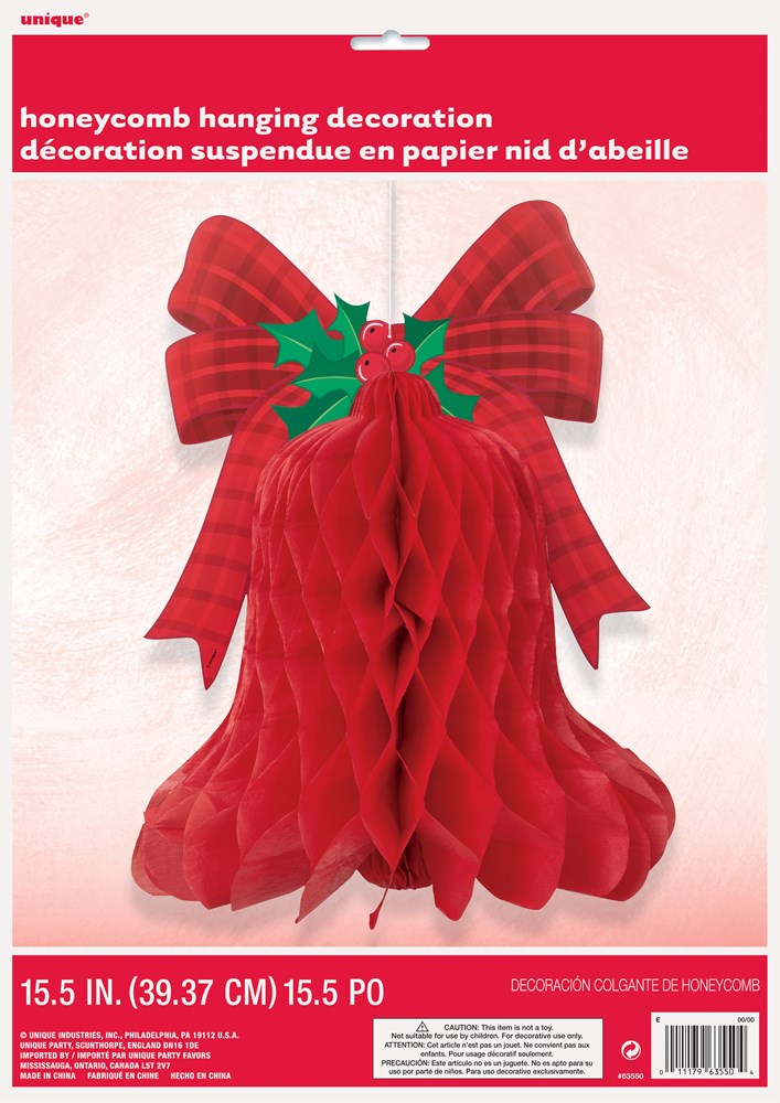 Red honeycomb bell decoration with plaid bow and green holly leaves, 15.5 inch hanging ornament.