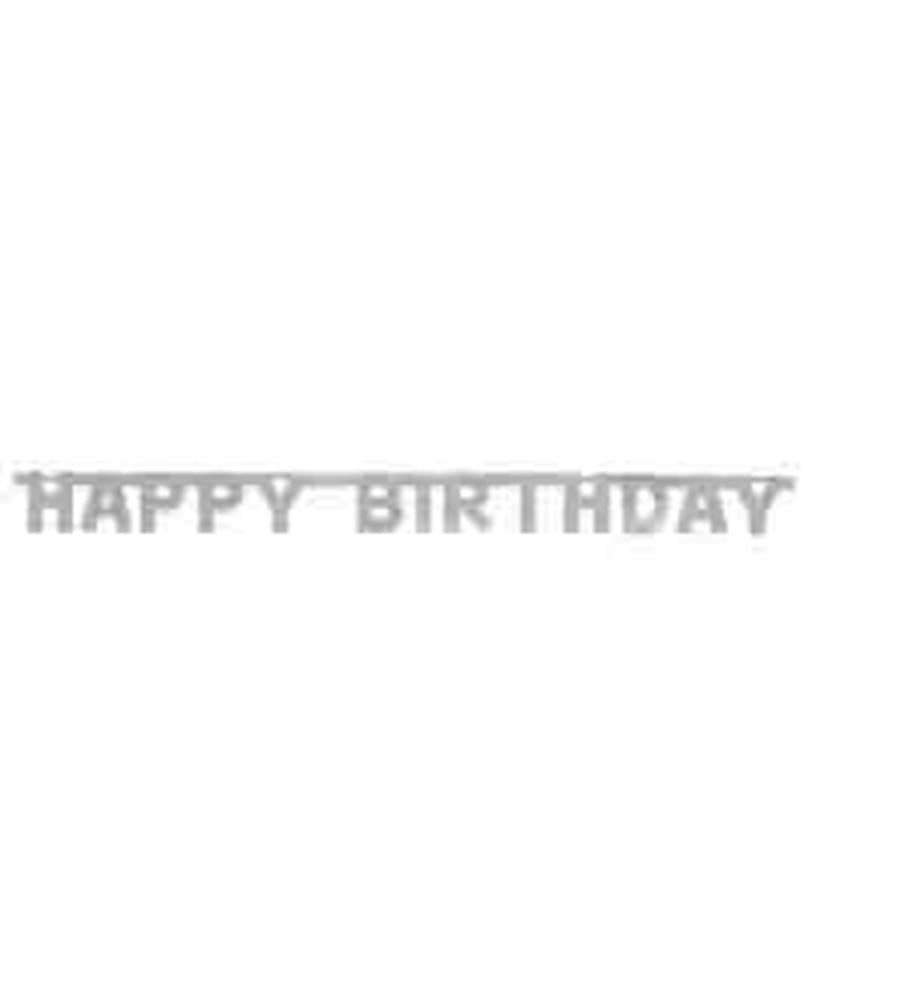 Silver metallic jointed banner spelling out "HAPPY BIRTHDAY" with connected block letters.