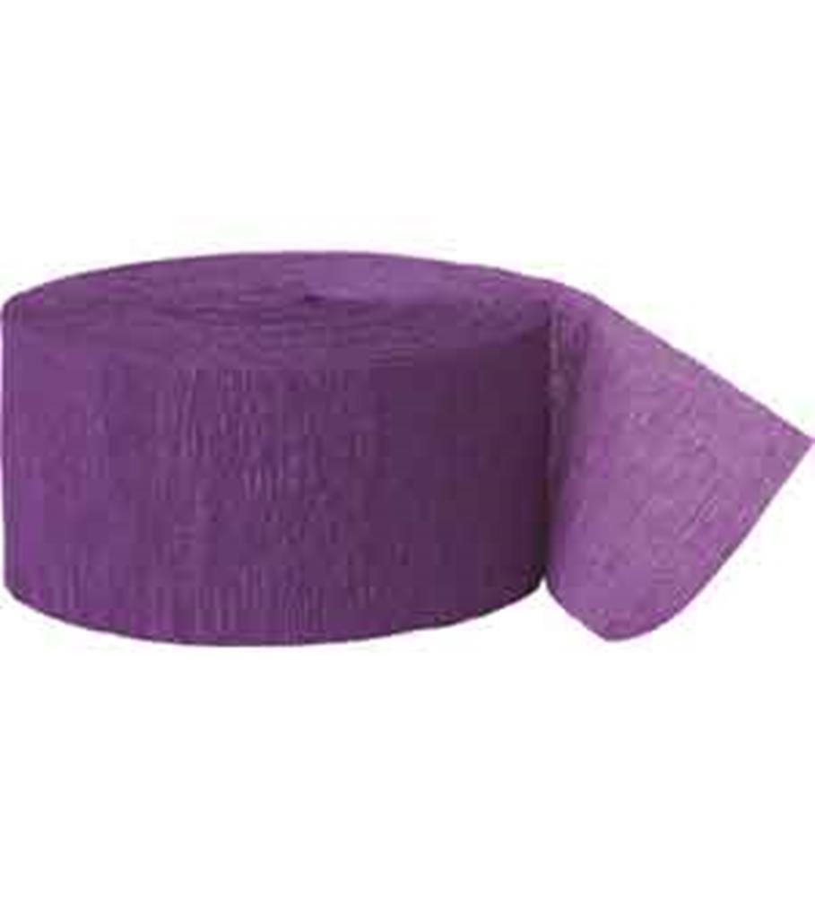 Rolled purple crepe paper streamer with textured surface and one end slightly unrolled.