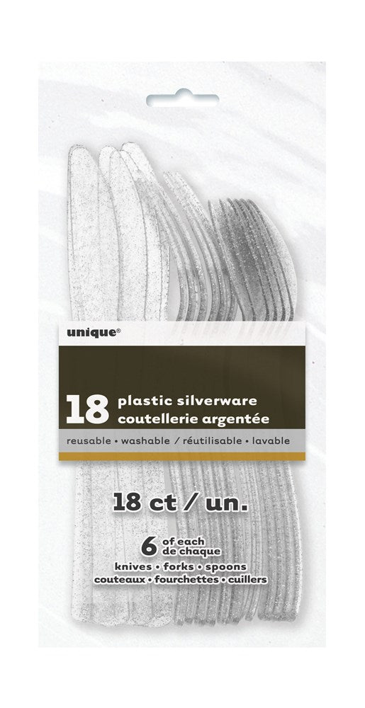 Set of 18 silver glitter plastic knives, forks, and spoons in clear packaging.