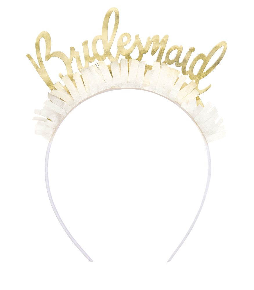 White plastic headband with gold foil "Bridesmaid" script and white tulle trim.