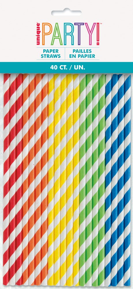 Set of 10 colorful paper party straws with diagonal stripes in red, orange, yellow, green, and blue.