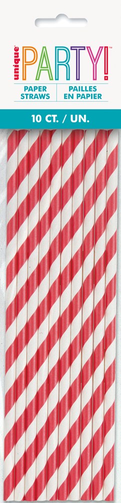 Ten ruby red and white striped paper party straws in clear packaging, arranged vertically.