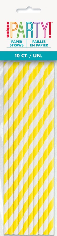 Set of 10 neon yellow and white diagonal striped paper party straws in clear packaging.