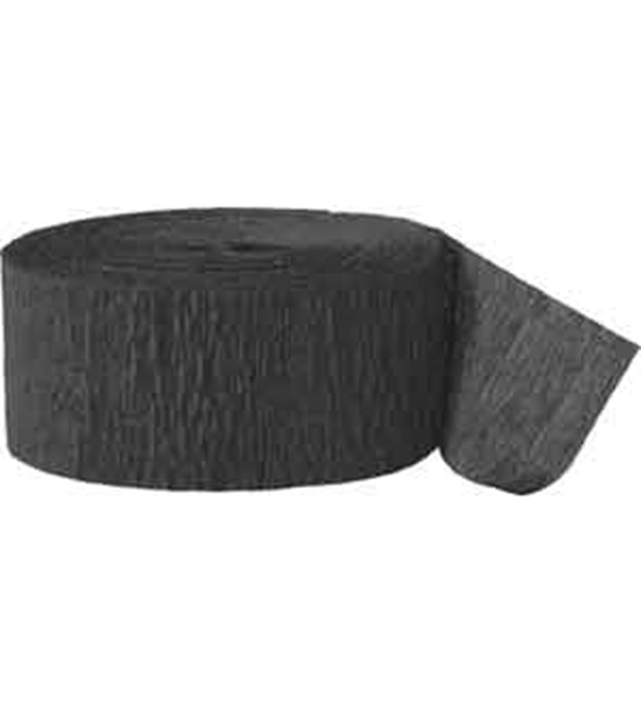 Black crepe paper streamer roll with textured surface and a partially unrolled end.