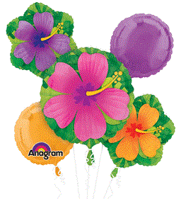 Colorful bouquet of hibiscus foil balloons in pink, purple, orange, and green leaves with round accent balloons.