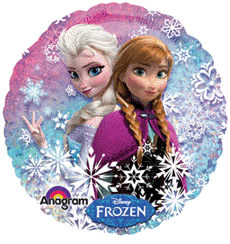 Round holographic balloon featuring Elsa and Anna from Disney Frozen with snowflake accents in blue, purple, and white tones.