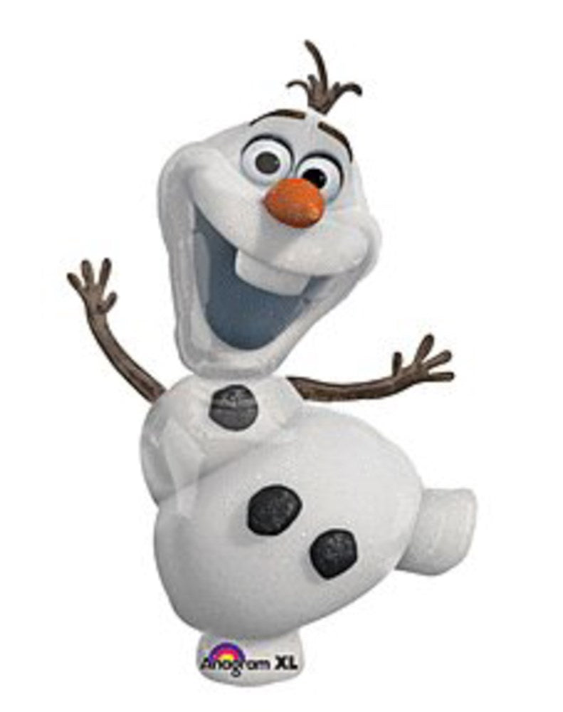 Large white foil balloon shaped like Olaf the snowman from Disney Frozen with black buttons and an orange carrot nose.