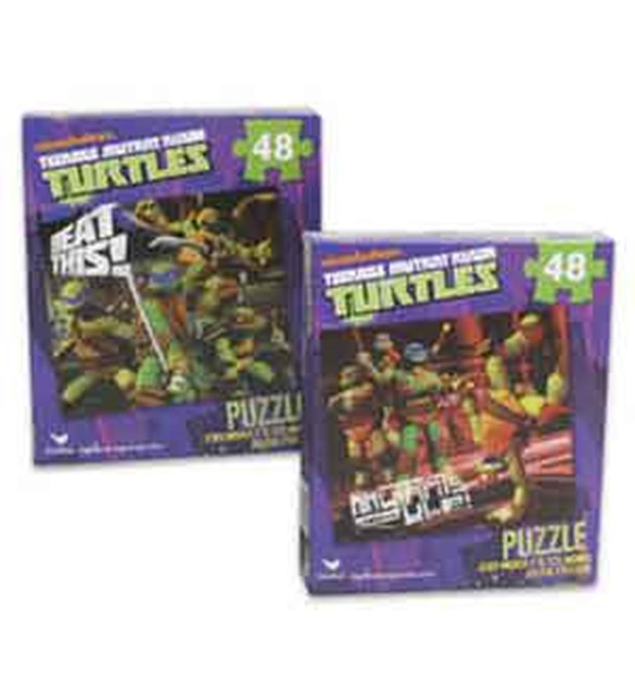 Two colorful Teenage Mutant Ninja Turtles 48-piece puzzles in purple boxes featuring different action scenes with turtles.