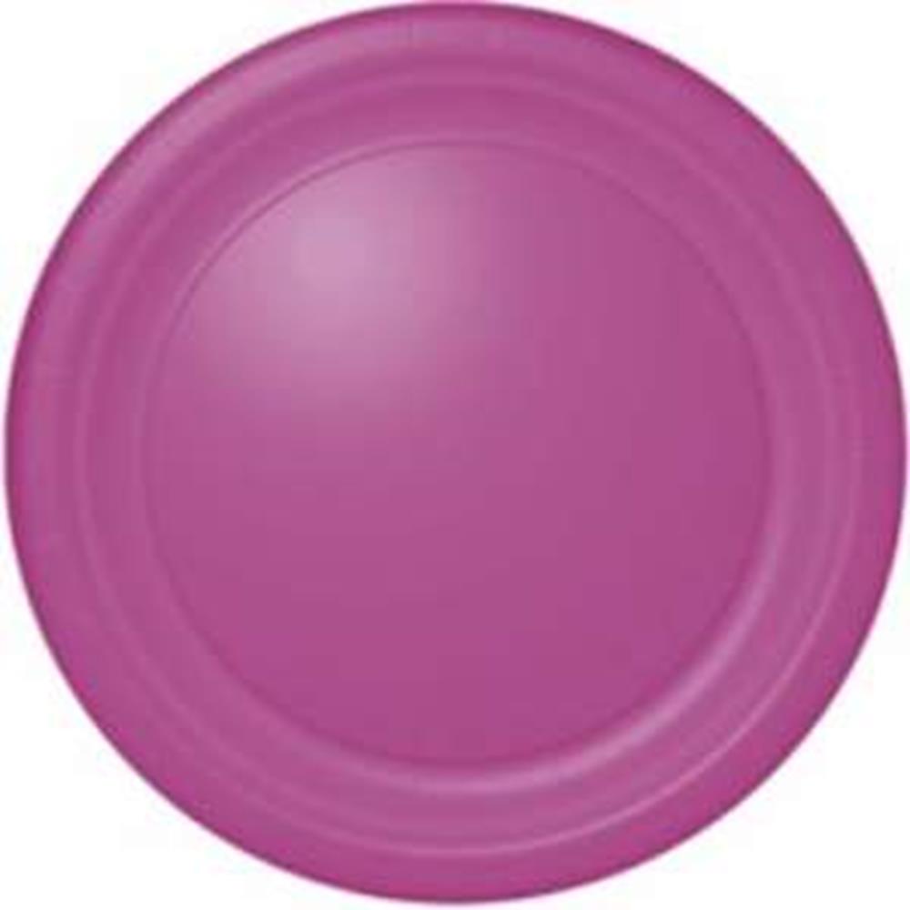 Bright pink round plastic plate with a smooth matte finish and subtle concentric ridges.