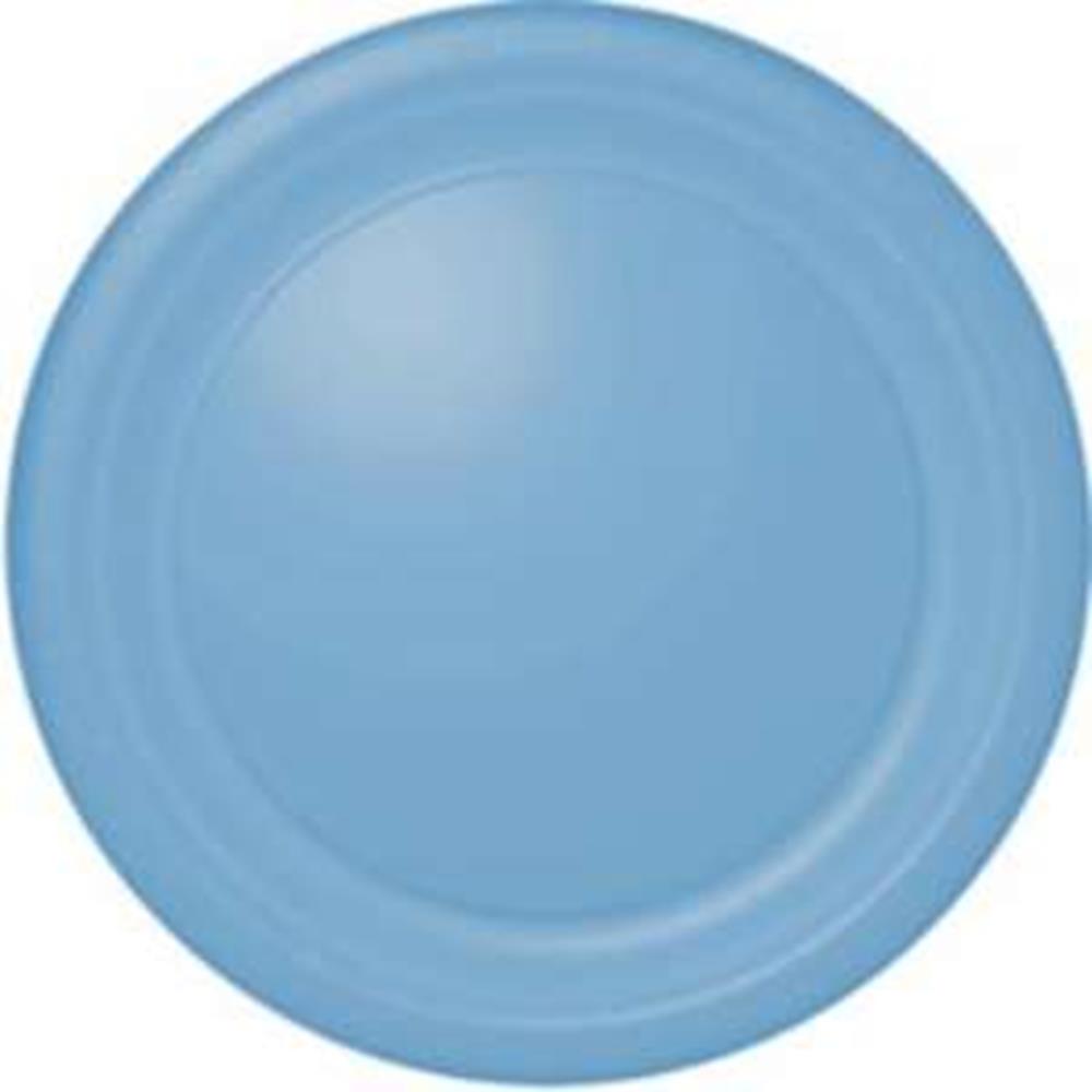 Round pastel blue ceramic plate with a smooth matte finish and slightly raised edges.