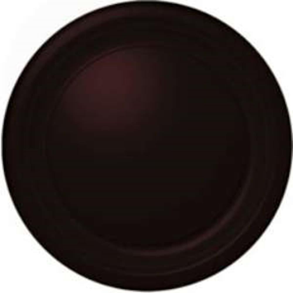 Round dark brown ceramic plate with a smooth, slightly glossy finish.