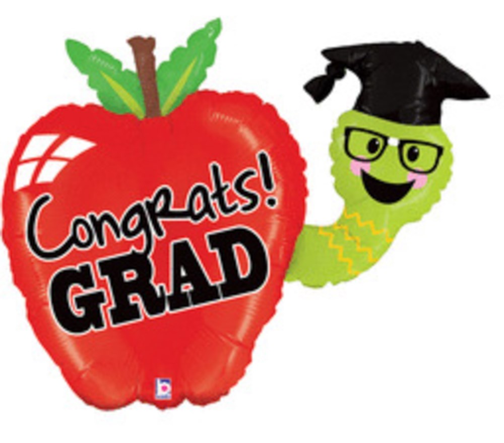 Red foil apple-shaped balloon with "Congrats! GRAD" text and a green worm wearing glasses and a black graduation cap balloon