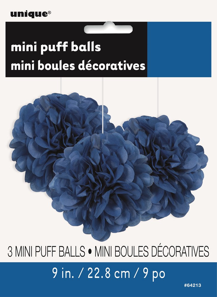 Set of three royal blue mini puff tissue decorations each 9 inches diameter.