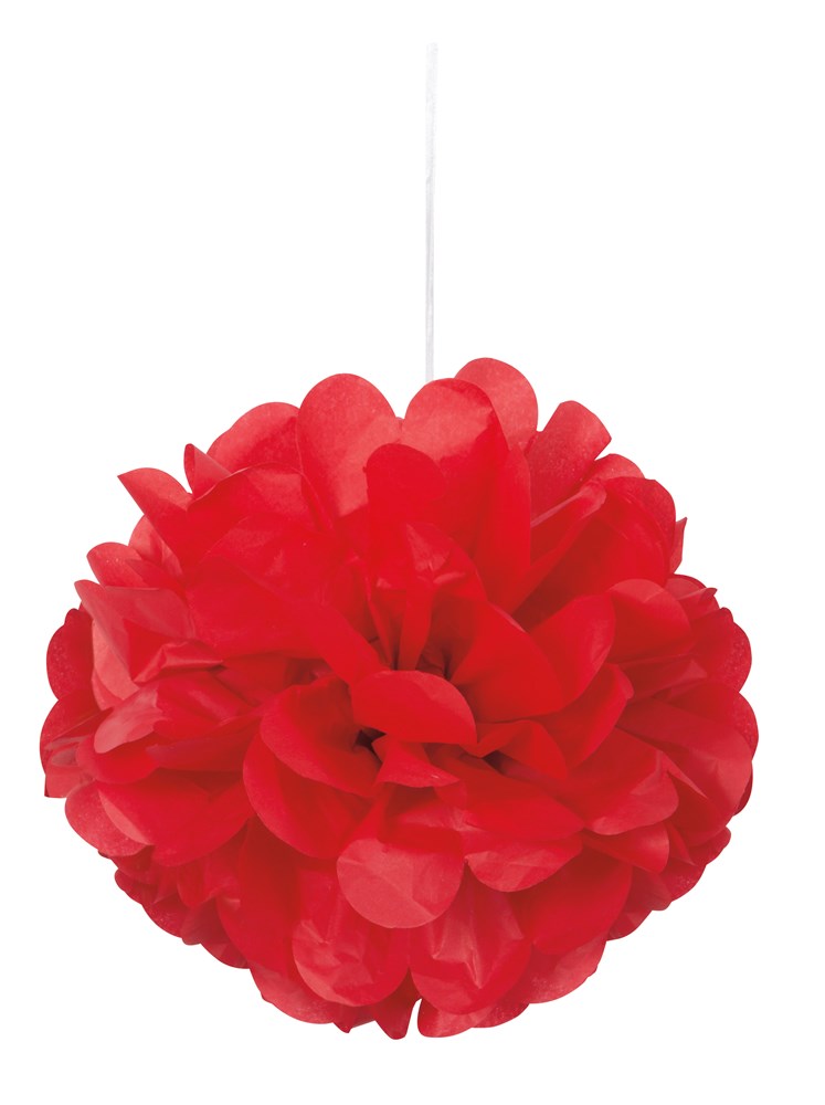 Three vibrant ruby red 9-inch tissue paper puff decorations with layered petals hanging by thin white strings.