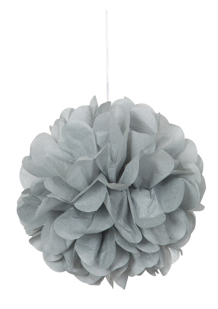 Silver tissue paper pom pom decoration with layered, fluffy petals hanging by a thin white string.