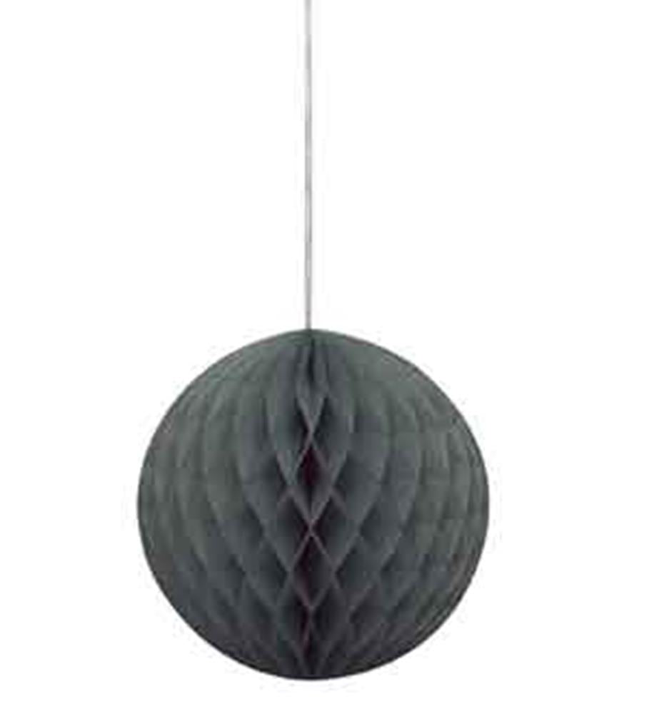 Black 8-inch honeycomb paper ball decoration with textured geometric design hanging by string.