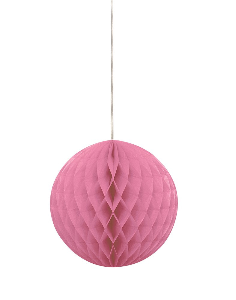 Hot pink paper honeycomb ball with 8-inch diameter and hanging string.