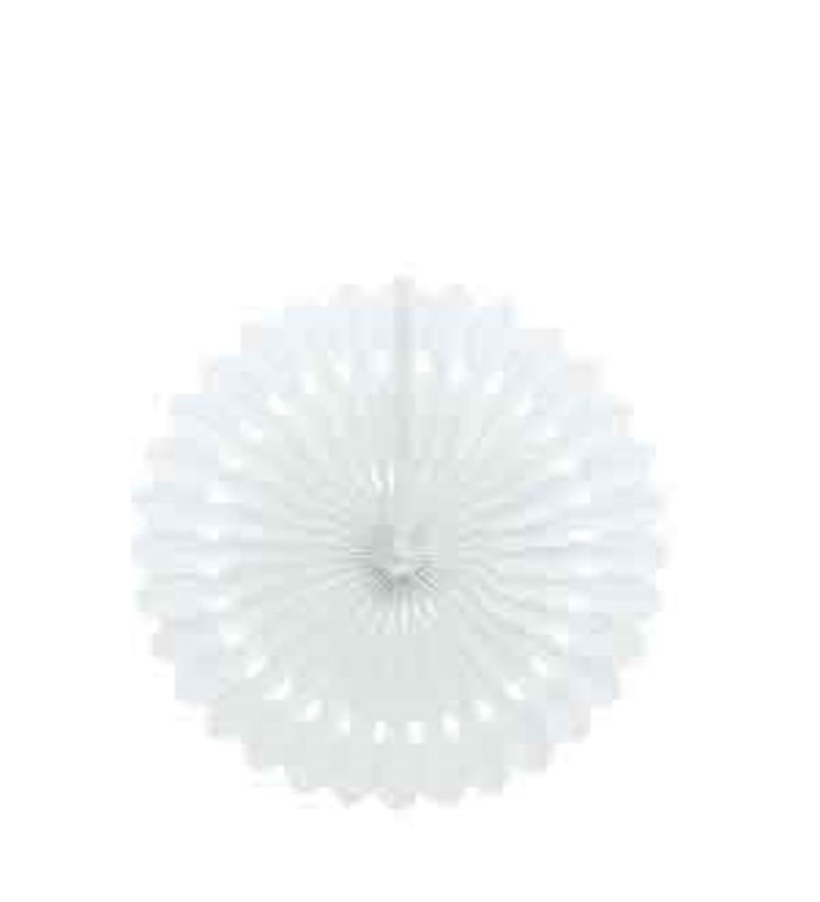 White 16-inch round tissue paper fan with scalloped edges and a layered, pleated design.