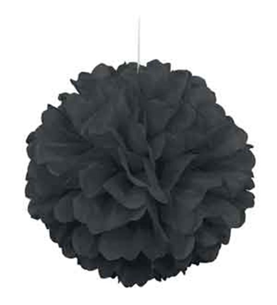 Black 16-inch tissue paper pom pom with layered ruffled petals hanging by a string.