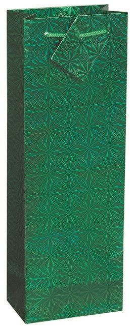 Green holographic wine gift bag with embossed geometric star pattern and matching tag.