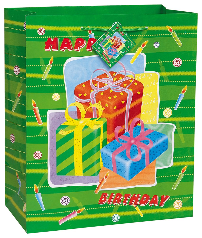 Green birthday gift bag with colorful striped presents and candles design, "Happy Birthday" text.
