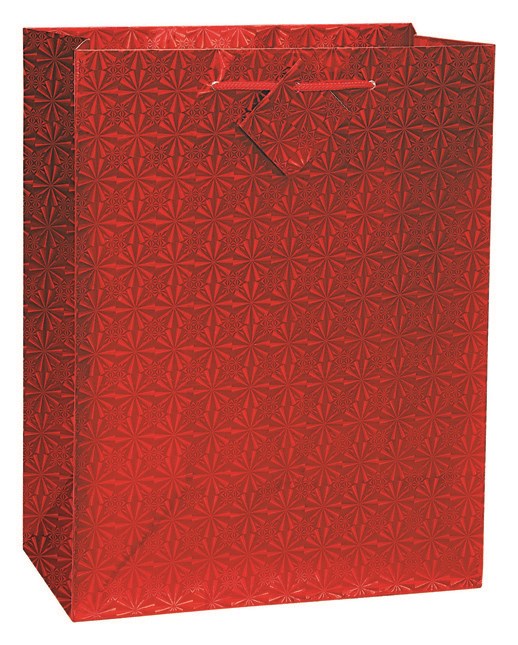 Red holographic medium gift bag with embossed geometric pattern and ribbon handles.
