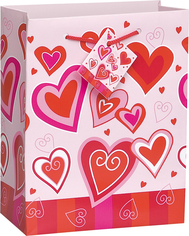 Pink glossy gift bag with various red and pink heart designs and a matching heart-patterned tag.