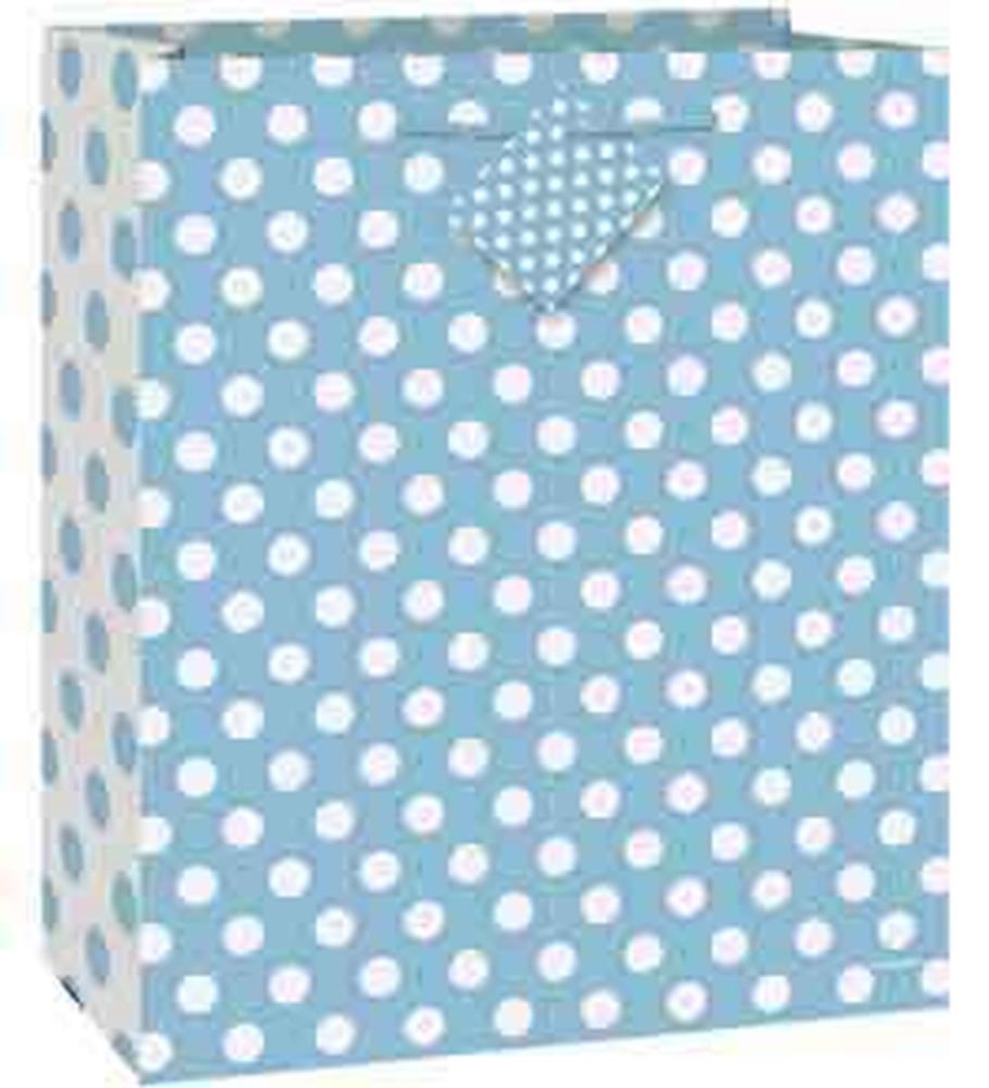 Powder blue large gift bag with white polka dots and matching ribbon handle.