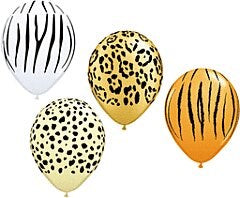 Four 11-inch latex balloons with zebra, leopard, cheetah, and tiger animal prints in black on white, beige, and orange.