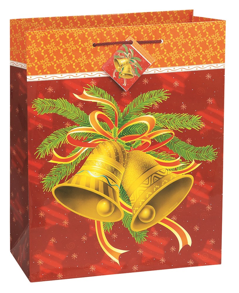 Red Christmas gift bag with gold bells, green pine branches, and gold ribbon bow design.
