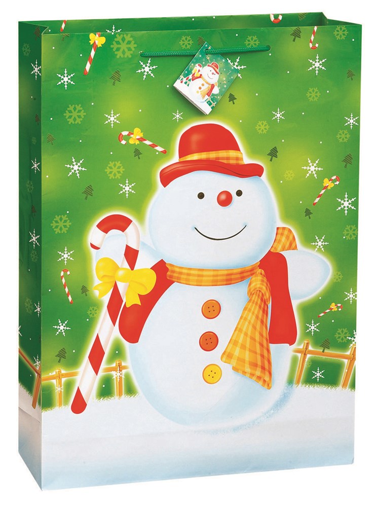 Green Christmas gift bag with a cheerful snowman wearing a red hat and orange scarf, decorated with snowflakes and a candy.