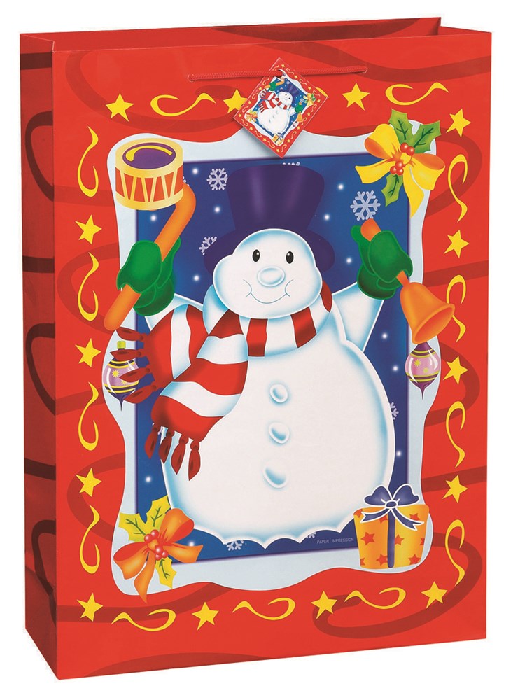 Red Christmas gift bag with smiling snowman wearing a red and white scarf, surrounded by holiday decorations and presents.