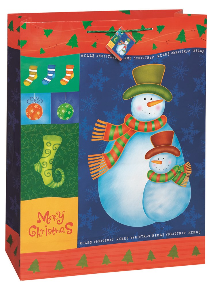 Festive Christmas gift bag with two snowmen in scarves and hats on blue background and red border with green holly leaves.