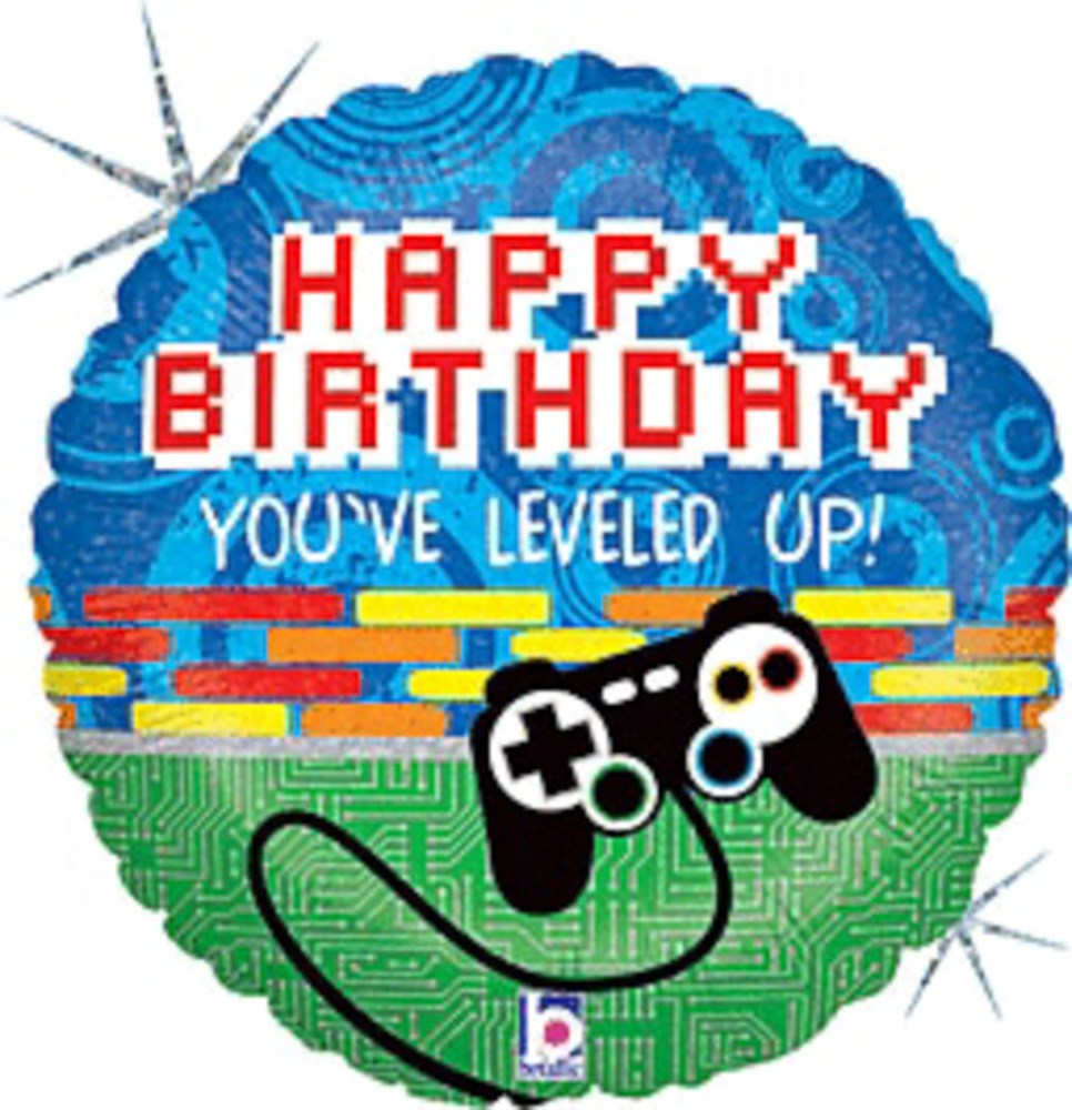 18-inch round holographic foil balloon with pixel art design, "Happy Birthday You've Leveled Up!" text, and black video game