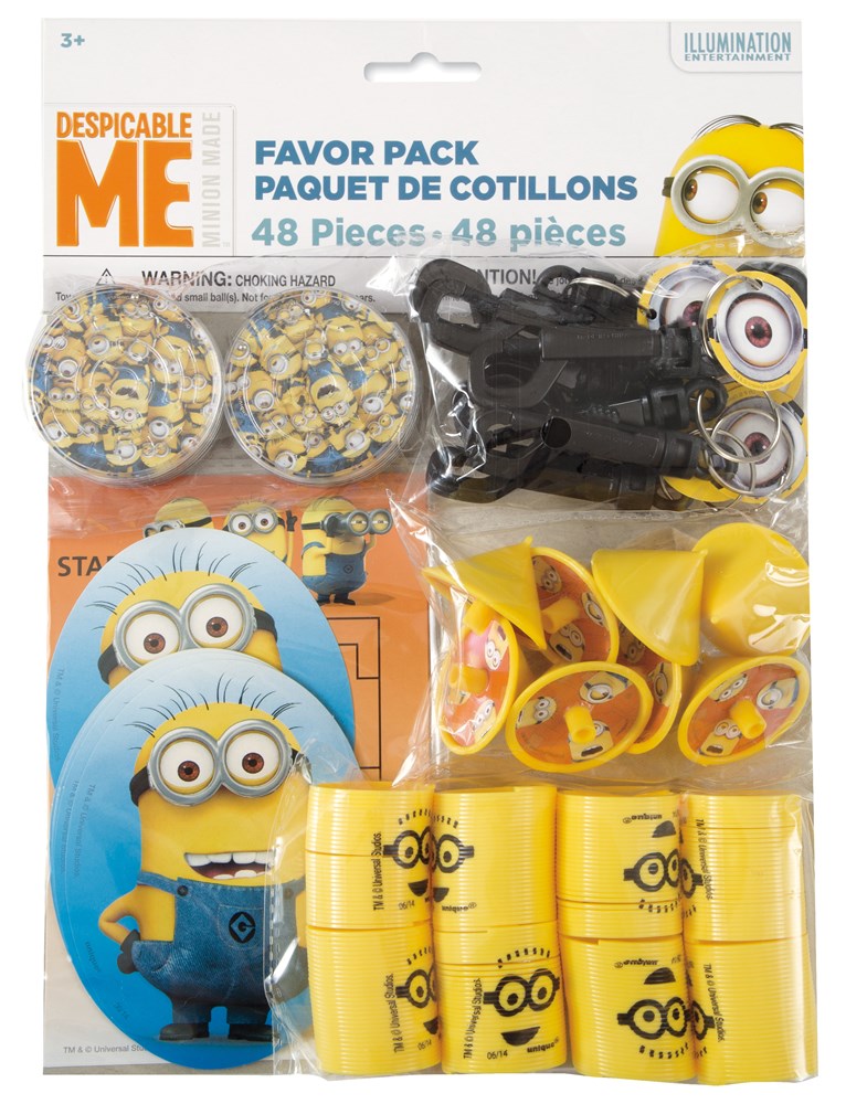 Despicable Me favor pack with 48 pieces including Minion-themed stickers, noise makers, and party blowers in yellow and black.