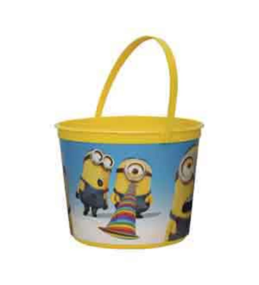 Yellow plastic bucket with handle featuring Despicable Me Minions on a blue background.