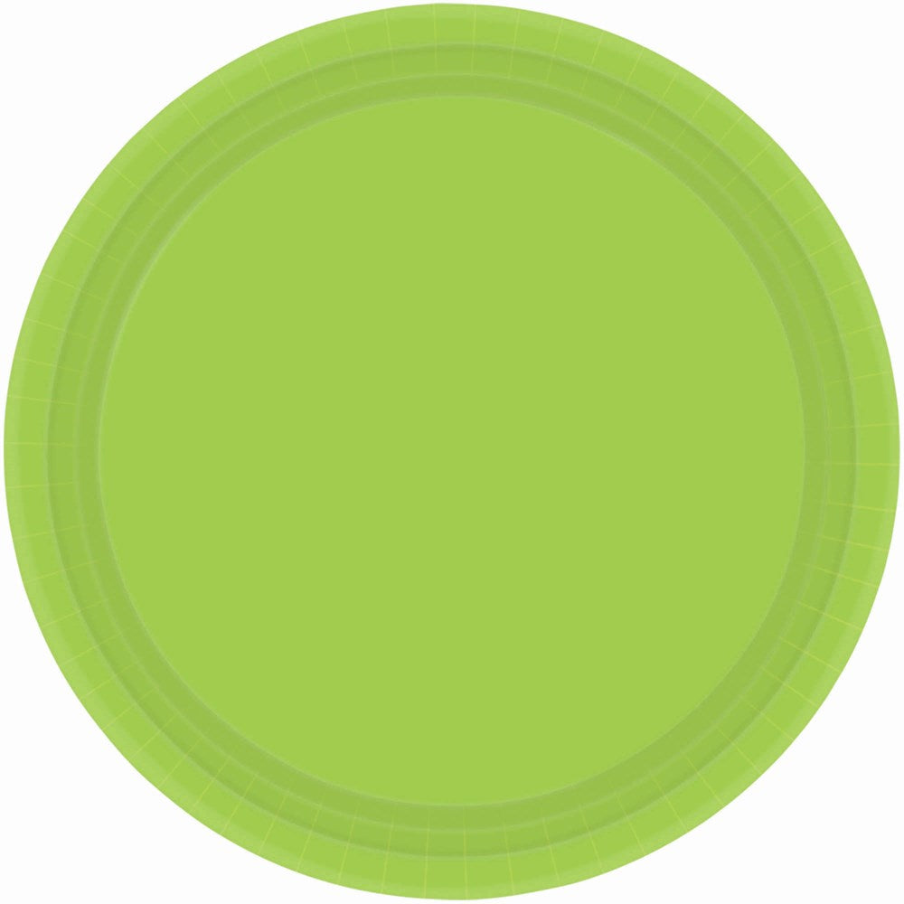 Round lime green plastic plate with raised edge and matte finish.