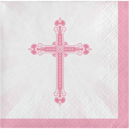 Soft pink square napkin with a detailed pink cross in the center and a matching pink border along one edge.