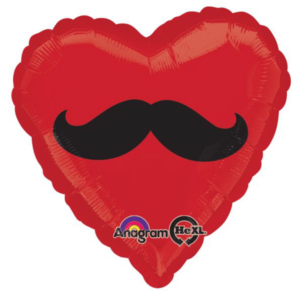 Red heart-shaped foil balloon with a large black mustache graphic centered on it, 28 inches wide.