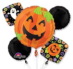 Halloween pumpkin bouquet foil balloons featuring a large jack-o'-lantern, black balloons, and Halloween-themed square.