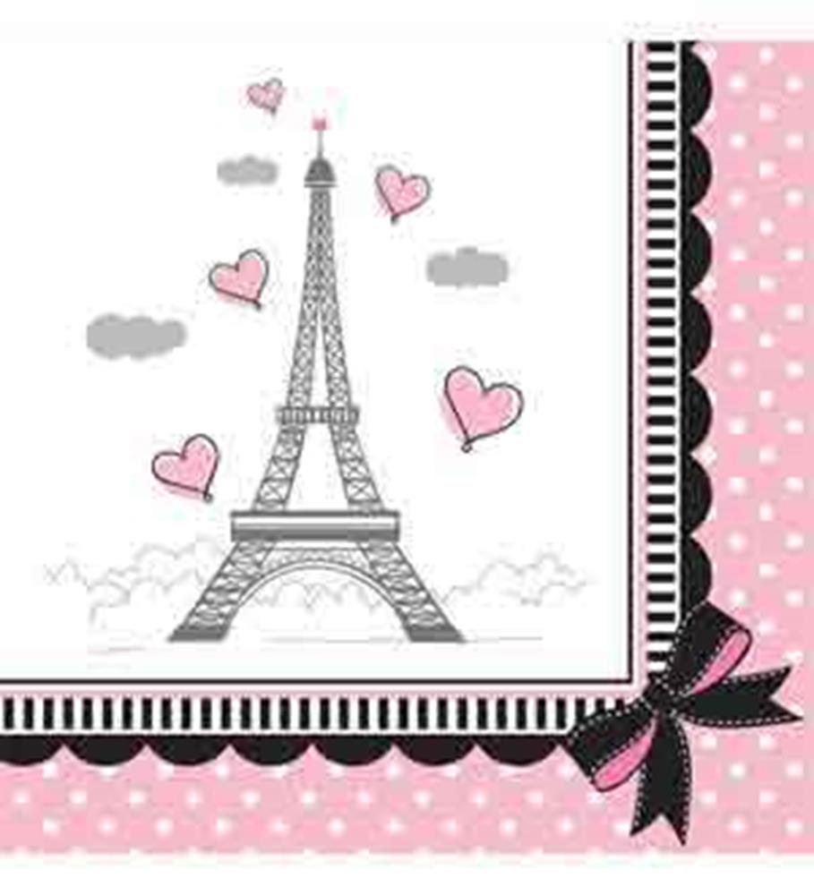 Square pink and white napkin with Eiffel Tower, hearts, polka dots, and black bow design.