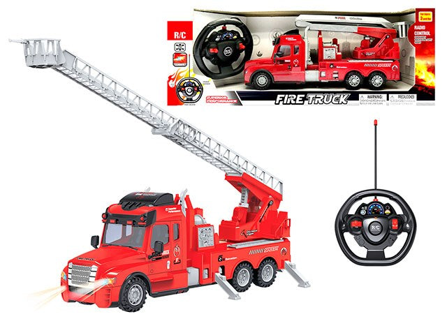 Red RC fire rescue truck with extended silver ladder, black wheels, and round black steering wheel remote control.