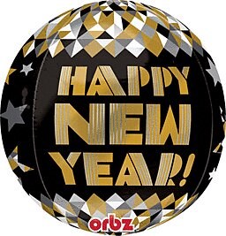 Black round foil balloon with gold geometric patterns and "Happy New Year!" in bold gold letters.