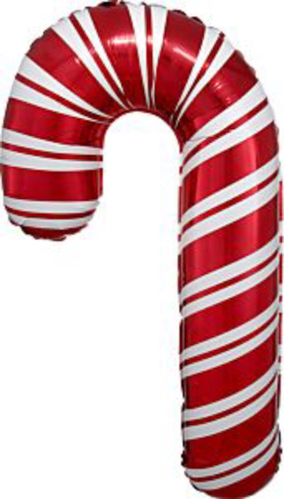 Red and white striped foil balloon shaped like a candy cane, 37 inches tall, flat design.